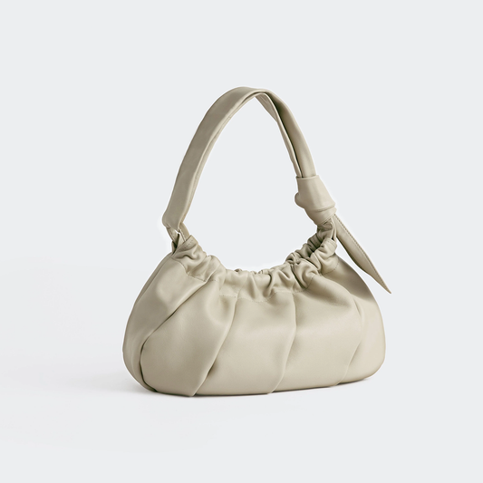 Calm Oat Neutral Gathered Pleat Crescent Shoulder Bag With Leaf Knotted Strap Detail And Hidden Magnetic Fastening