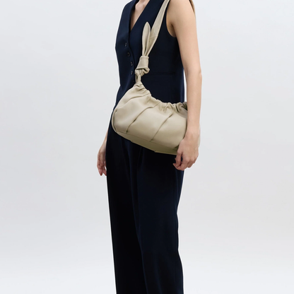 Calm Oat Neutral Gathered Pleat Crescent Shoulder Bag With Leaf Knotted Strap Detail And Hidden Magnetic Fastening