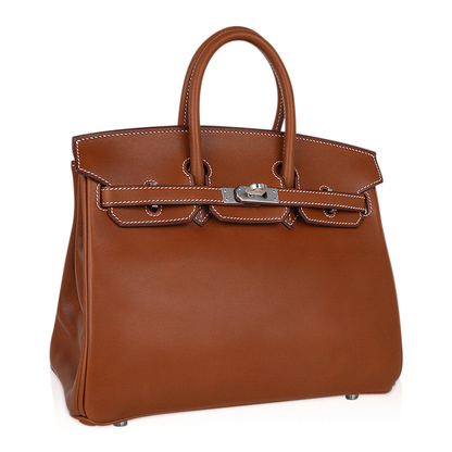 Warm Vintage Tan Smooth Compact Trapezoid Hand Tote With Crisp Contrast Stitching And Sleek Cool Silvery Twist Lock Hardware