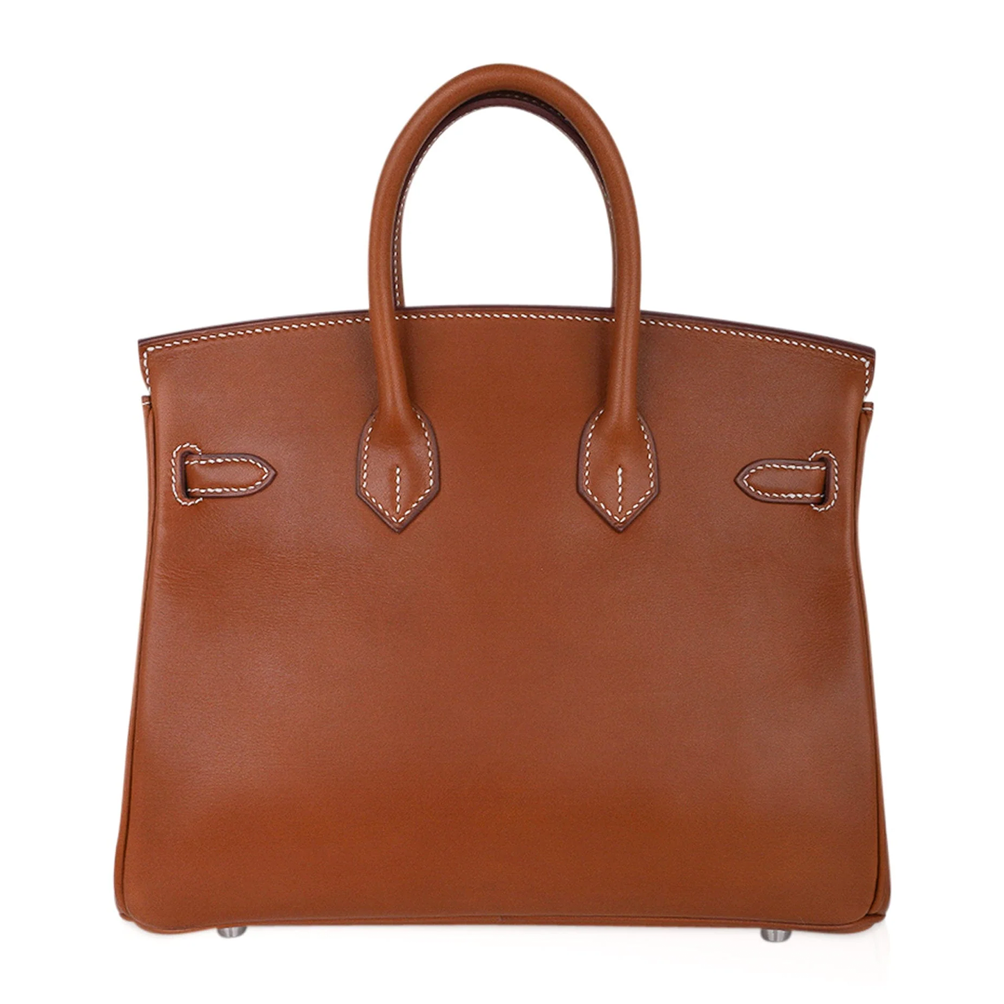 Warm Vintage Tan Smooth Compact Trapezoid Hand Tote With Crisp Contrast Stitching And Sleek Cool Silvery Twist Lock Hardware