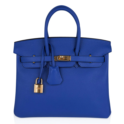 Vivid Saturated Cobalt Blue Pebble Grain Compact Trapezoid Hand Tote With Luminous Warm Golden Twist Lock Hardware And Matching Suspended Engraved Metal Padlock Charm