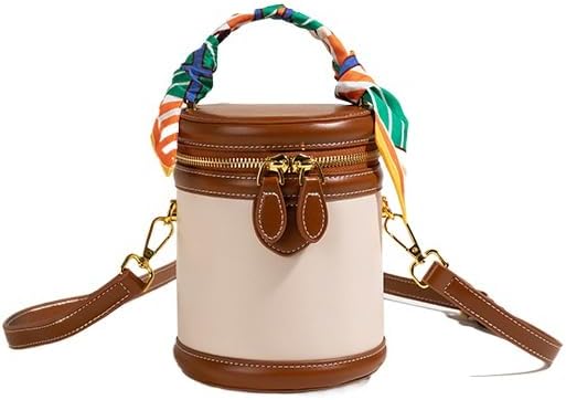 Retro Bucket Bag Female PU Leather Color Contrast Cylinder Shoulder Round Bag Handle Handbag Purse