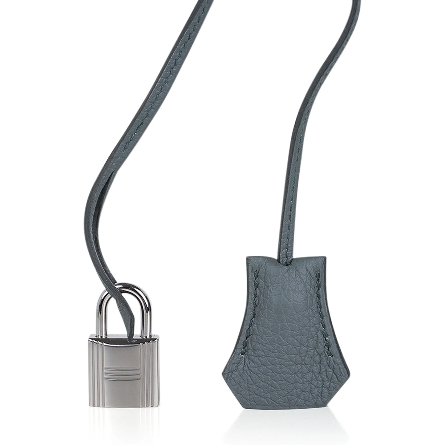Muted Sage Grey-Green Pebble Grain Large Trapezoid Hand Tote With Cool Polished Silvery Twist Lock Hardware And Matching Textured Suspended Metal Padlock Charm