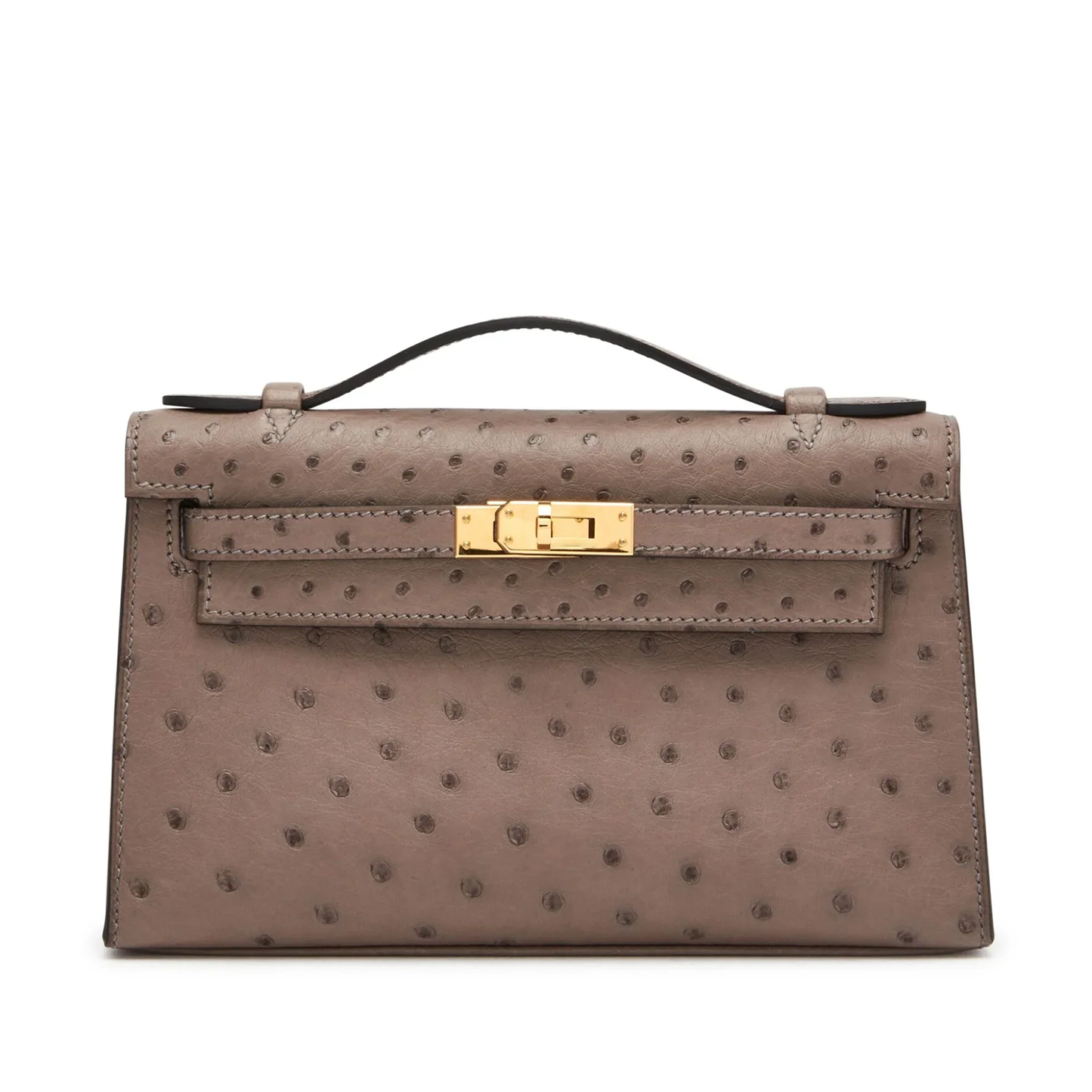 Soft Muted Taupe Grey Dotted Grain Compact Trapezoid Mini Clutch With Warm Golden Turnlock Hardware And Side Carry Attachment Ring