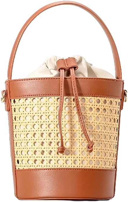 Bucket Bag for Women Straw Beach Bag Drawstring Crossbody Purse PU Leather Summer Shoulder Tote Bag Cute Hobo Bags