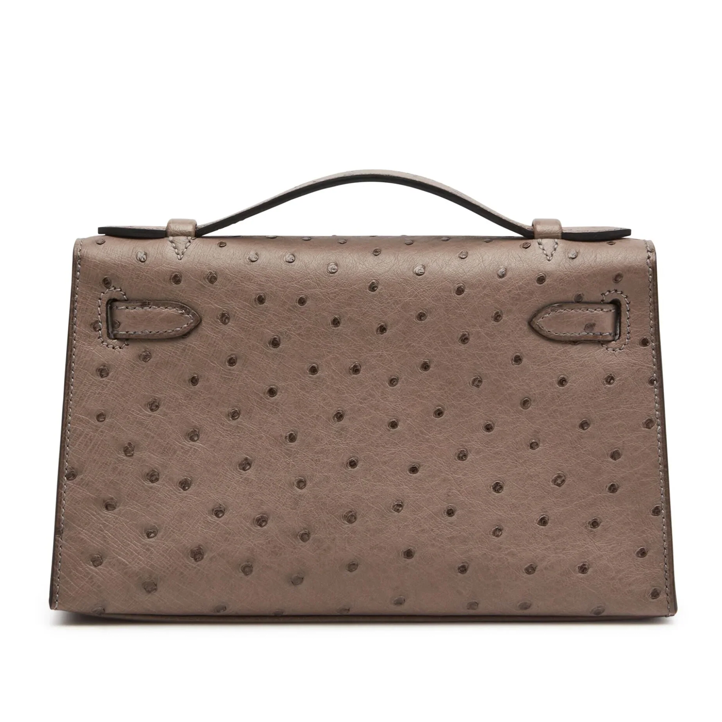 Soft Muted Taupe Grey Dotted Grain Compact Trapezoid Mini Clutch With Warm Golden Turnlock Hardware And Side Carry Attachment Ring