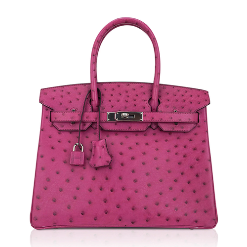 Vivid Violet-Tinged Fuchsia Dotted Quill Grain Medium Trapezoid Hand Tote With Sleek Cool Silvery Twist Lock Hardware And Matching Suspended Engraved Metal Padlock Charm