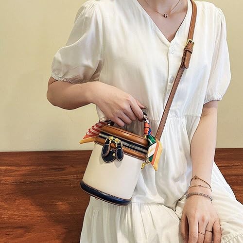 Retro Bucket Bag Female PU Leather Color Contrast Cylinder Shoulder Round Bag Handle Handbag Purse