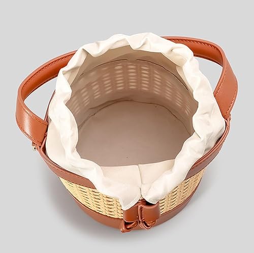 Bucket Bag for Women Straw Beach Bag Drawstring Crossbody Purse PU Leather Summer Shoulder Tote Bag Cute Hobo Bags