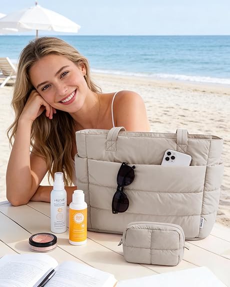 Puffer Tote Bag for Women, Puffy Work Nurse Teacher Tote Bag, Quilted Shoulder Bag for Travel, Gym, Gifts