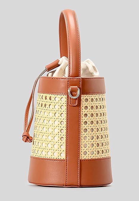 Bucket Bag for Women Straw Beach Bag Drawstring Crossbody Purse PU Leather Summer Shoulder Tote Bag Cute Hobo Bags