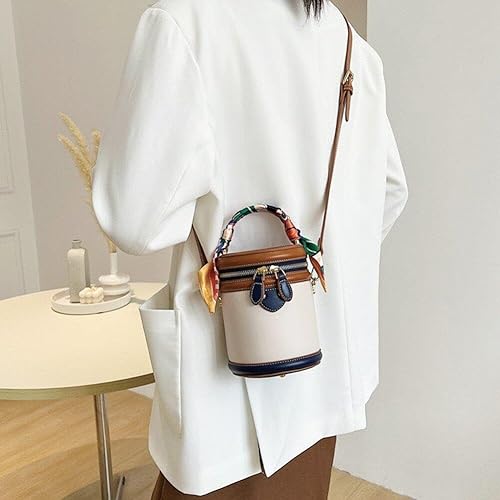 Retro Bucket Bag Female PU Leather Color Contrast Cylinder Shoulder Round Bag Handle Handbag Purse