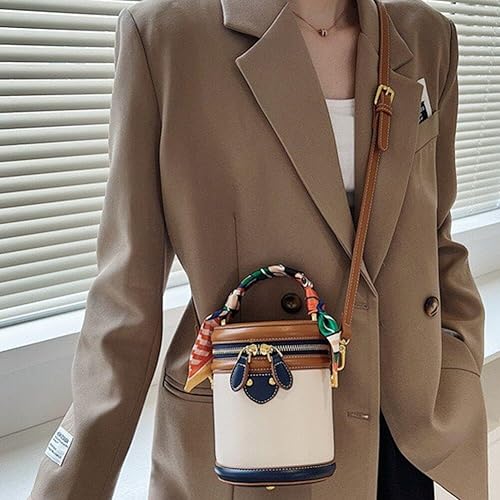 Retro Bucket Bag Female PU Leather Color Contrast Cylinder Shoulder Round Bag Handle Handbag Purse