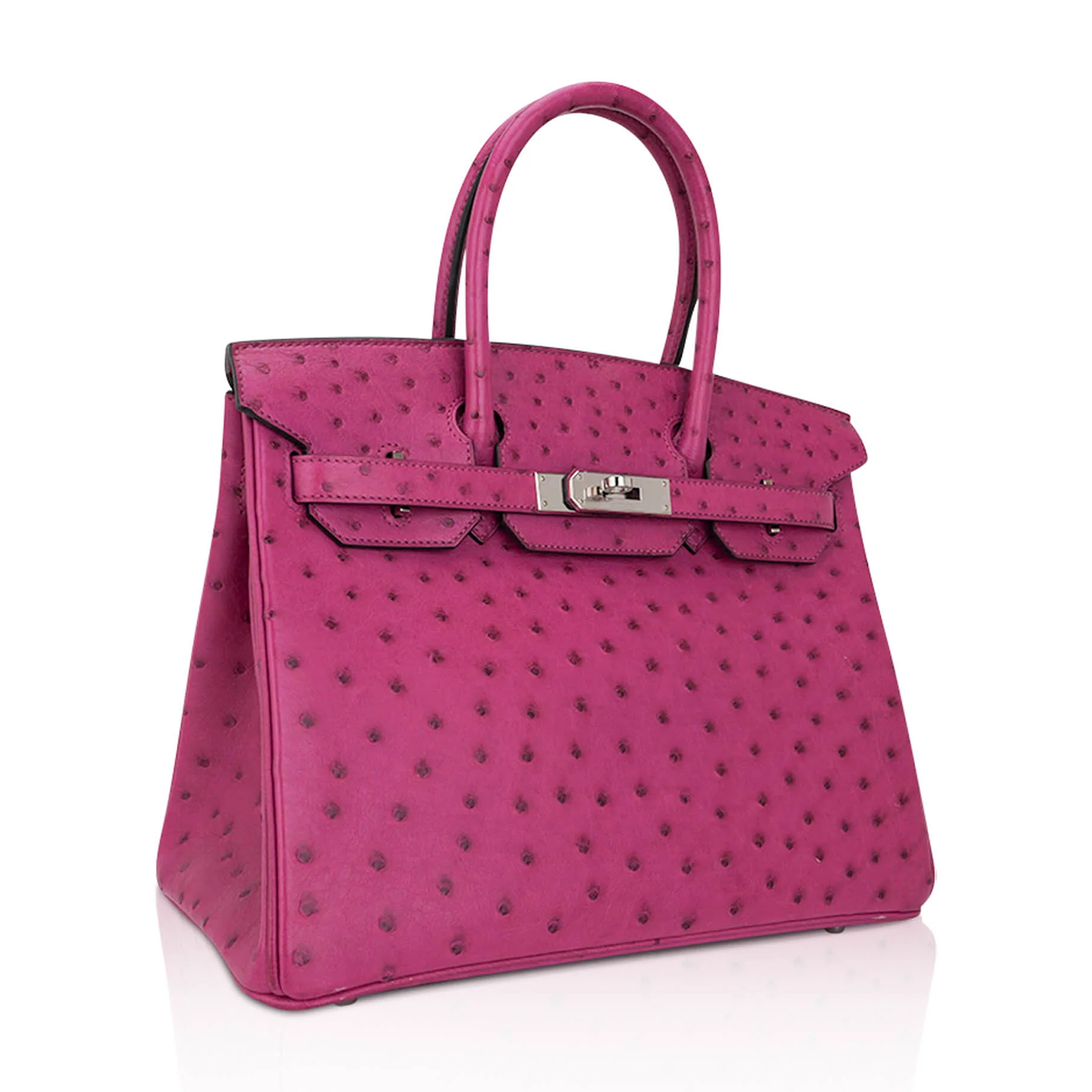 Vivid Violet-Tinged Fuchsia Dotted Quill Grain Medium Trapezoid Hand Tote With Sleek Cool Silvery Twist Lock Hardware And Matching Suspended Engraved Metal Padlock Charm