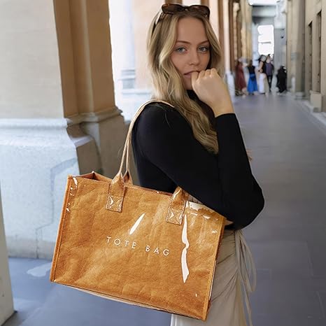 Tote Bag Women’s Kraft Paper Work Handbags Purses with Top Handle