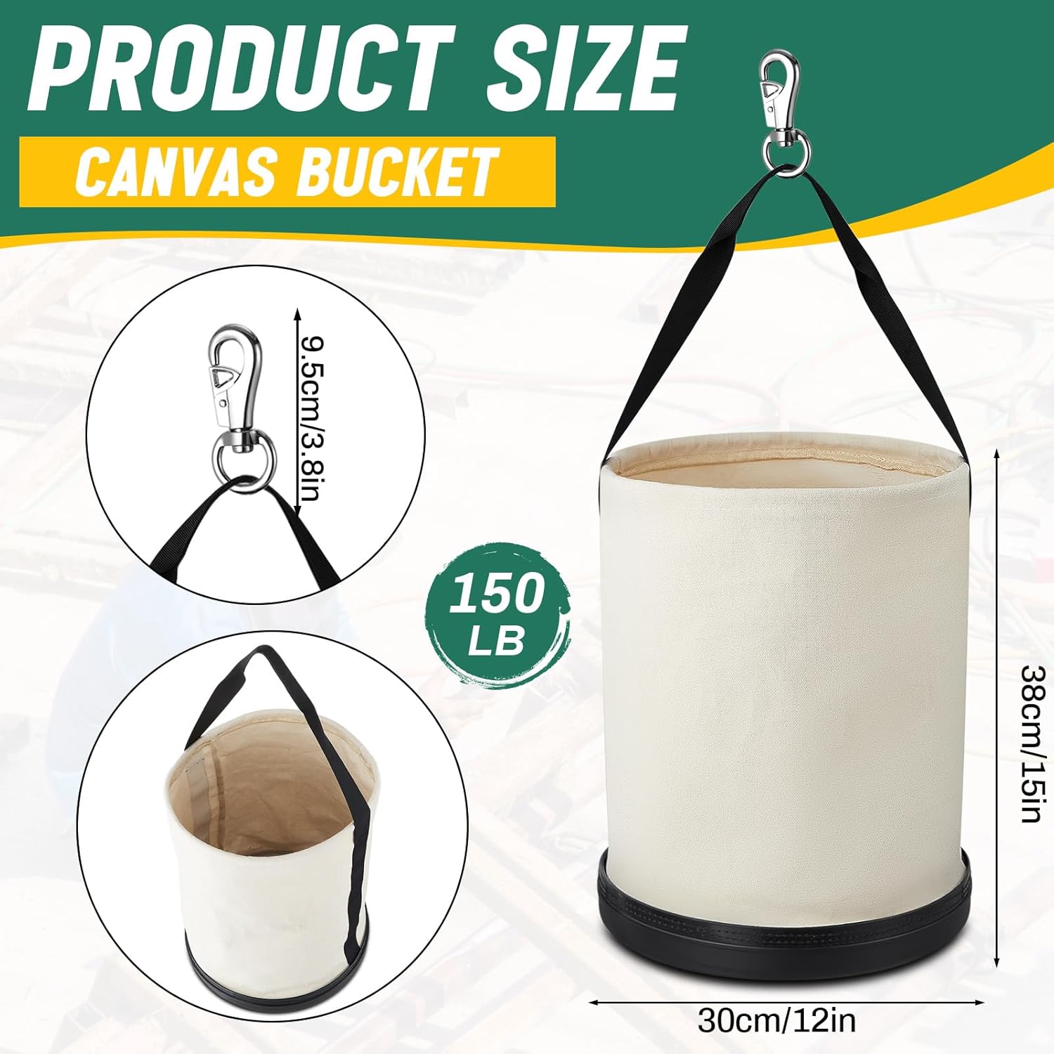 1 Pack Canvas Bucket 15" x 12" Heavy Duty Lineman Tool Bag with Plastic Bottom & Metal Hook Electrician Tool Organizer for Jobsite
