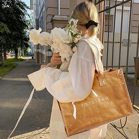 Tote Bag Women’s Kraft Paper Work Handbags Purses with Top Handle